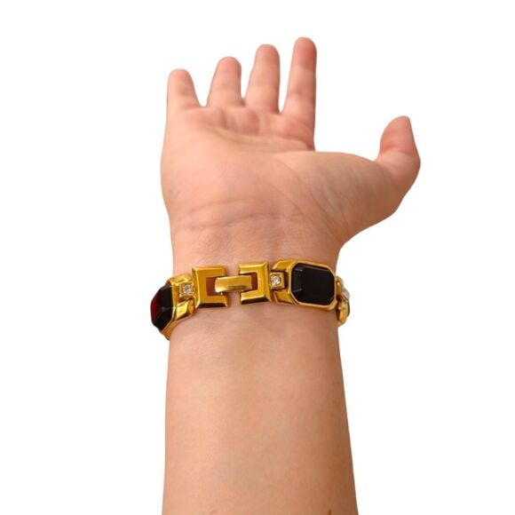 Trifari Vintage Link Crystal Black Cabochon Statement Bracelet - Picture 14 of 15